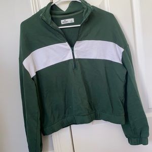 Hollister Green and white cropped half zip crewneck